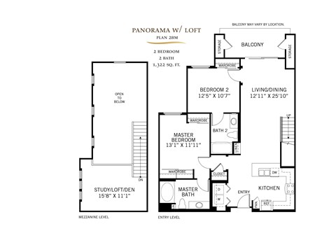 Floor plan for 2 beds, 2 baths, 1322 sqft